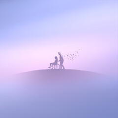 Woman in wheelchair. Couple in paradise. Death, afterlife. Foggy cloud