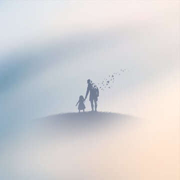 Father and daughter. People in paradise. Afterlife. Foggy clouds