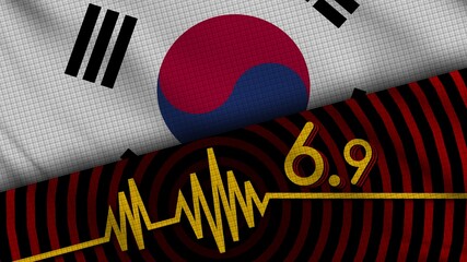 South Korea Wavy Fabric Flag, 6.9 Earthquake, Breaking News, Disaster Concept, 3D Illustration