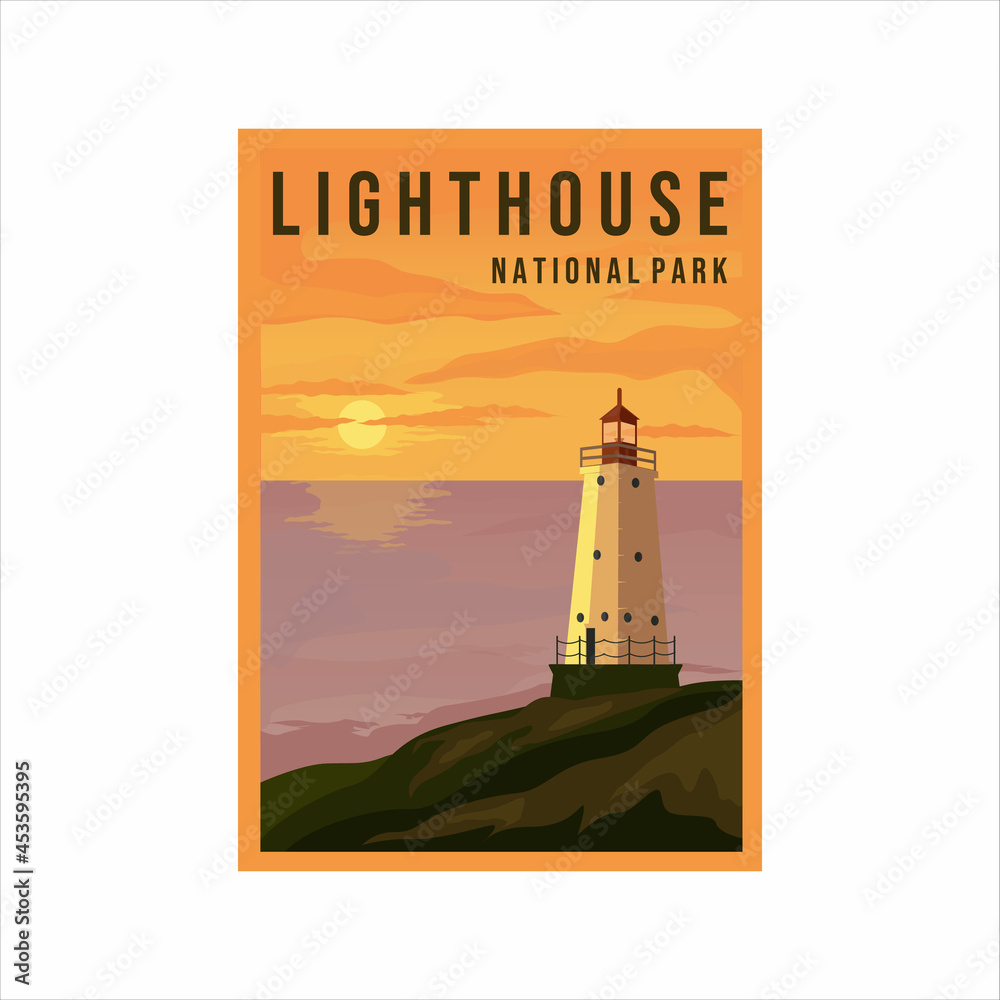 Wall mural lighthouse vintage poster illustration template design. hill on the beach with sunset view concept b