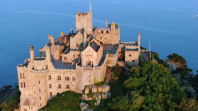 Aerial view of Saint Michael's Mount, Marazion, near Penzance, Cornwall, England, United Kingdom