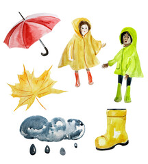 Autumn set of elements umbrella, leaf, cloud, boots, children in raincoats. Template for decorating designs and illustrations.