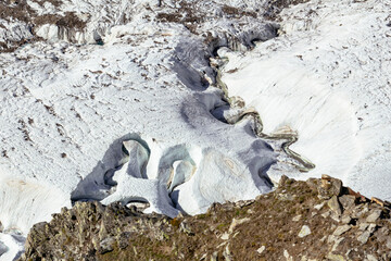 Clear crystal blue lakes on Gorner glacier as a result of global warming and glacier melting