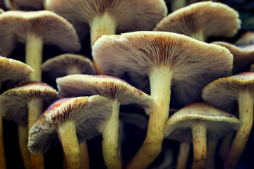 Close up of a clump of honey fungus,  armillaria, on a rotting tree in the New Forest, Hampshire, UK