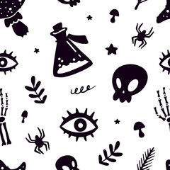 Halloween Seamless Pattern of Mystical Elements on White. Funny Cartoon illustration Digital Paper. Spooky Holiday Texture Perfect for Home Decor, Gift Wrapping and Textiles. Vector