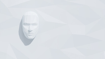 Low poly human face in white polygon background with empty space. 3d rendering animation simple illustration style. 