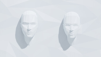 Low poly human faces in white polygon background. 3d rendering animation simple illustration style. 