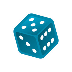 Blue dice rolling. Gambling idea. Casino or game concept. Isometric realistic dice in flight. Close-up on white background. Playing yacht game. Fortunate or lucky. Vector illustration, flat, clip art.