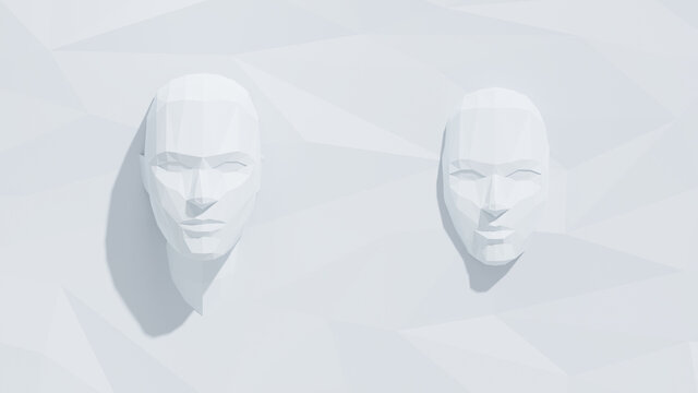 Low poly human faces in white polygon background. 3d rendering animation simple illustration style. 