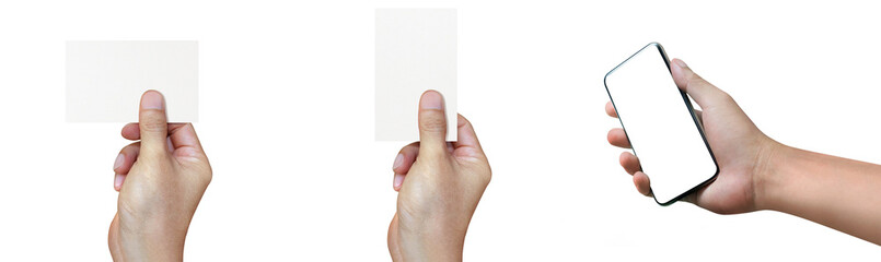 Blank paper white card with hand holding isolated on white background. of free space for your copy, Clipping path.