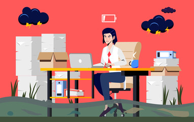 Stressed Office Worker Swamped with Work. Woman in Business Suit sits in a Swamp and uses Laptop for Work. Professional Burnout Syndrome. Depressed, Frustrated Businesswoman or Manager uses Laptop.