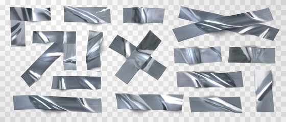 Set of isolated silver tape, scotch on a transparent background. Realistic pieces of silver scotch tape for attaching. Realistic vector illustration.	