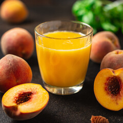 peach juice fruit peaches drink beverage fresh portion ready to eat meal snack on the table copy space food background rustic. top view