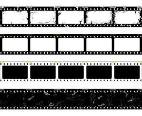 Grungy film strip. Old film strip for recording video in retro style, blank photo frames, vector set