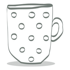 A mug of tea with a polka dot pattern and hearts. A cup of coffee, steam with a heart. Hand-drawn vector illustration in doodle style, isolated.