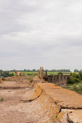 Part of the Mokrinsky railway bridge, top view. Historical reinforced concrete arched viaduct, railway crossing over the Utka river, located in the village of Mokry, Kanashsky district of the Chuvash 