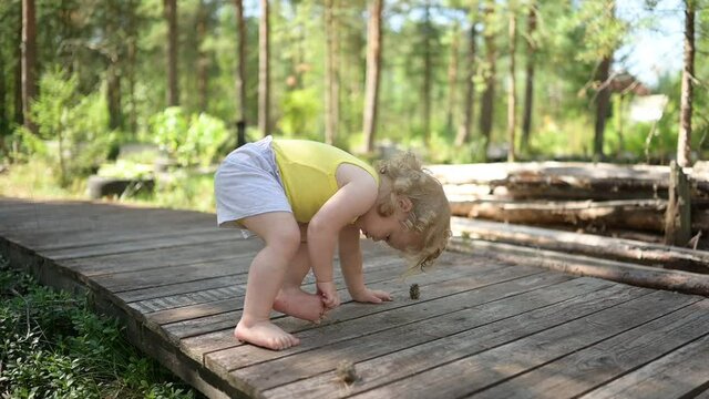 Little funny cute blonde girl child toddler in yellow undershirt and grey shorts walking playing on wooden eco trail outside at summer at front yard countryside. Healthy happy childhood concept. 