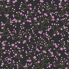 Seamless pattern with pink buds and flowers on a dark gray background. Wildflowers. Vector illustration.
