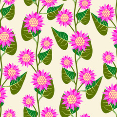Vector - sunflowers with leaves seamless pattern.