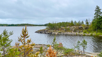 Islands with forest and rocks on Lake Ladoga