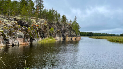 Islands with forest and rocks on Lake Ladoga