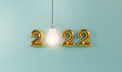 Golden 2022 year balloon with lightbulb glowing on blue background for 2022 idea by 3d render...