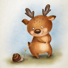 Cute baby deer with a snail and a flower on summer grass illustration for kids