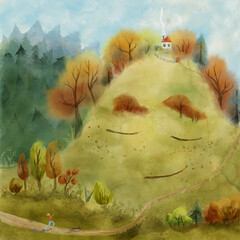 watercolor landscape with running man , alive hill, forest, autumn, house