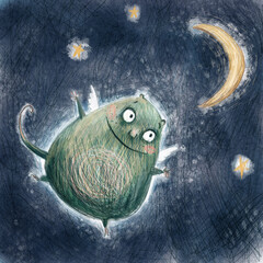 Funny cute pencil drawn green angel moon monster flying in the space to the moon and stars