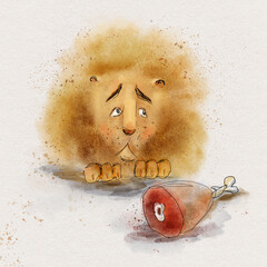 sad watercolor lion on the diet with meat