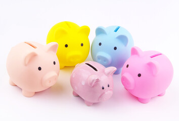 New investments fund concept. Many different piggy banks around small piggy bank.