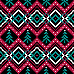 Christmas pattern with pine tree, holidays pattern with red and green color on black background 