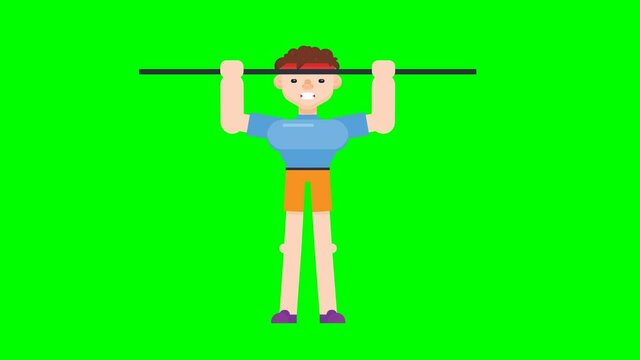 Young Sportsman do workout on pull-up bar. Man pull-up on horizontal bar in gym. Flat design cartoon animation.