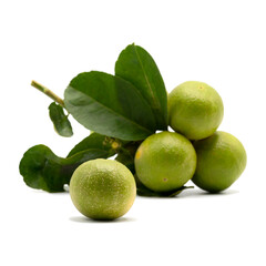 Bunch of green lemons with leaves isolated on white background. spot focus