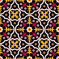 Red and yellow traditional pattern on black background