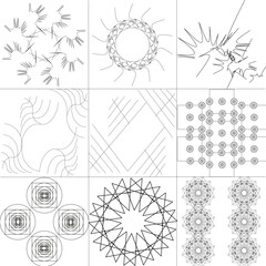 Muster, Vektoe, Strahlenkreis1, Strahlenkreis2, Strahlen, Wirbel, Stufen, Kreise mit Speichen, Kreise und Quadrate, Ornament