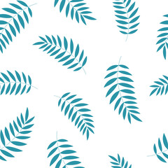 Blue vector palm branches seamless pattern. Plant silhouette on a white background