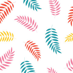 Colorful vector palm branches seamless pattern. Plant silhouette on a white background