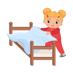 Vector illustration of a cute girl makes the bed.

