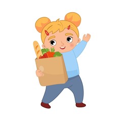 Vector cartoon illustration of a cute little girl carries groceries in a package.
