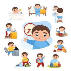 Vector illustration daily activities routine. Cute little cartoon boy doing daily chores.
