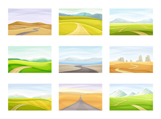 Obraz premium Winding Road Going into the Distance and Grassy Hill Vector Set
