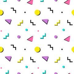 Colorful vector seamless pattern background with abstract geometric shapes for 80s or 90s design.