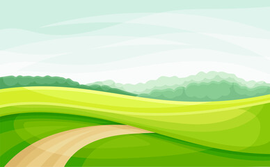 Obraz premium Winding Road Going into the Distance and Grassy Hill Vector Illustration