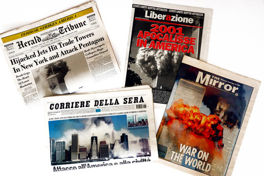 New York, USA – September 2001: International Newspapers headlines about 9/11 2001 attack