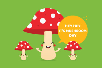National Mushroom Day greeting card, illustration with cute smiling mushroom characters with dotted red caps. October 15.