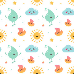 Smiling cartoon style sun, cloud, water drop, fire characters vector seamless pattern background for nature and weather design.

