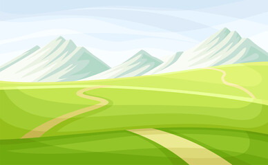 Obraz premium Winding Road Going into the Distance and Grassy Hill Vector Illustration