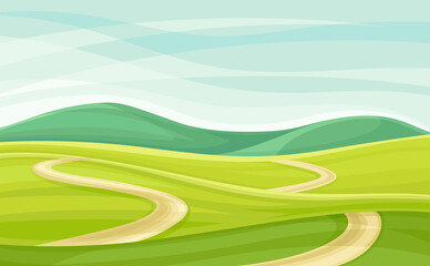Wandering Road Going into the Distance Through Green Grassy Valley Vector Illustration
