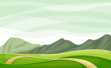 Obraz premium Wandering Road Going into the Distance Through Green Grassy Valley Vector Illustration